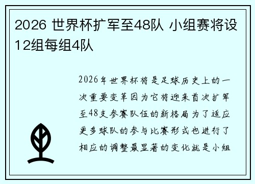 2026 世界杯扩军至48队 小组赛将设12组每组4队