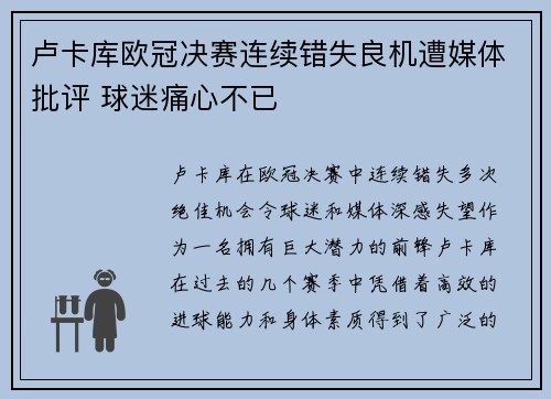 卢卡库欧冠决赛连续错失良机遭媒体批评 球迷痛心不已