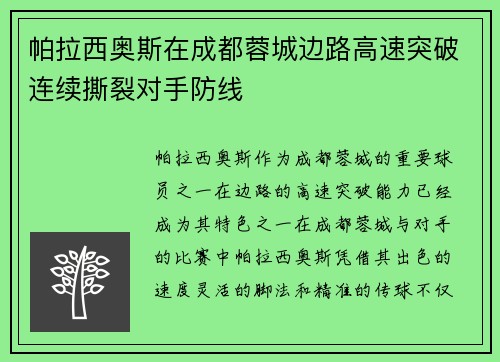 帕拉西奥斯在成都蓉城边路高速突破连续撕裂对手防线