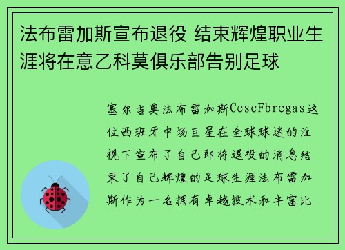 法布雷加斯宣布退役 结束辉煌职业生涯将在意乙科莫俱乐部告别足球