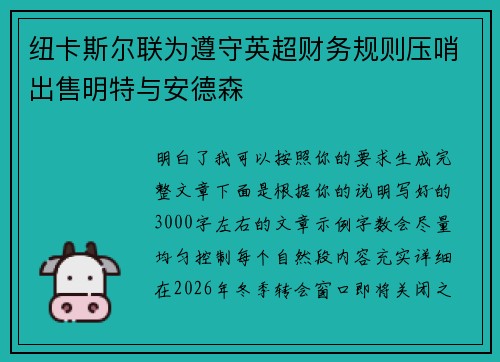 纽卡斯尔联为遵守英超财务规则压哨出售明特与安德森
