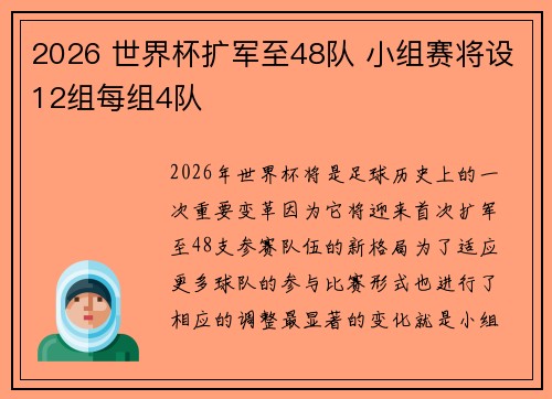 2026 世界杯扩军至48队 小组赛将设12组每组4队